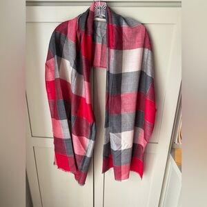 NWT Talbots Red White Gray Plaid Scarf w Silver Metallic Thread 29x76